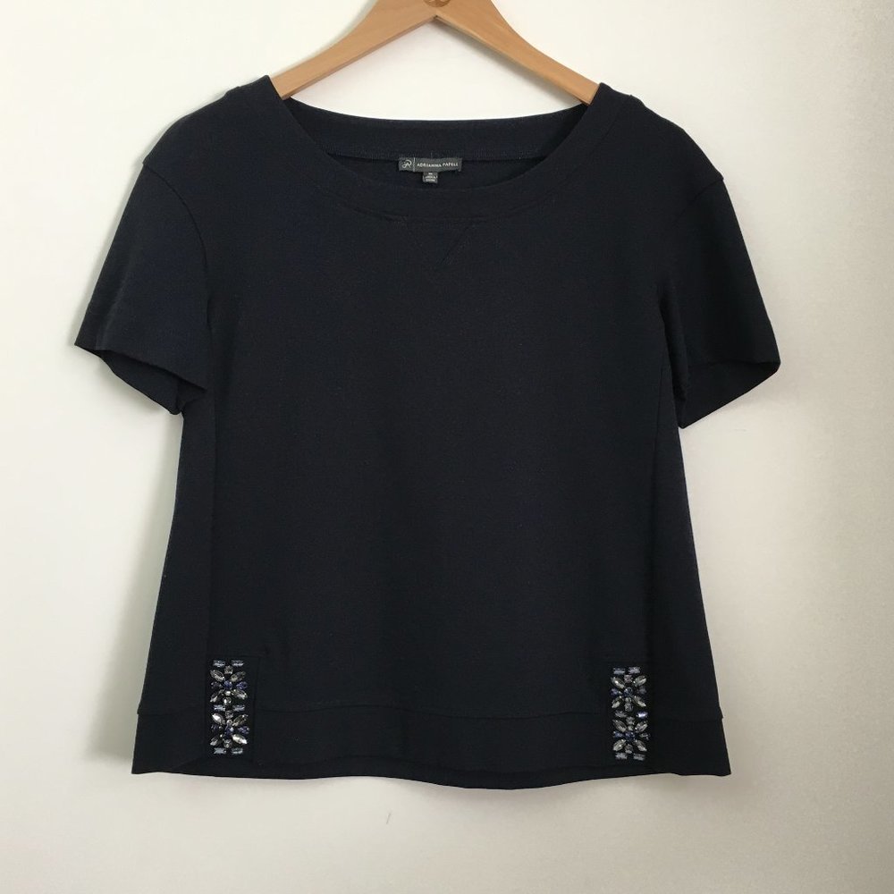 Adrianna Papell Crop Top Size M Navy Blue Stone Embellishment A Line Boat Neck